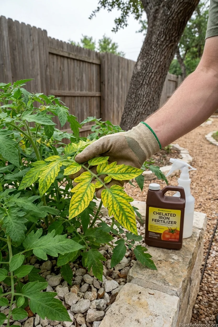 Iron chlorosis yellowing leaves on tomato plant in Austin alkaline soil