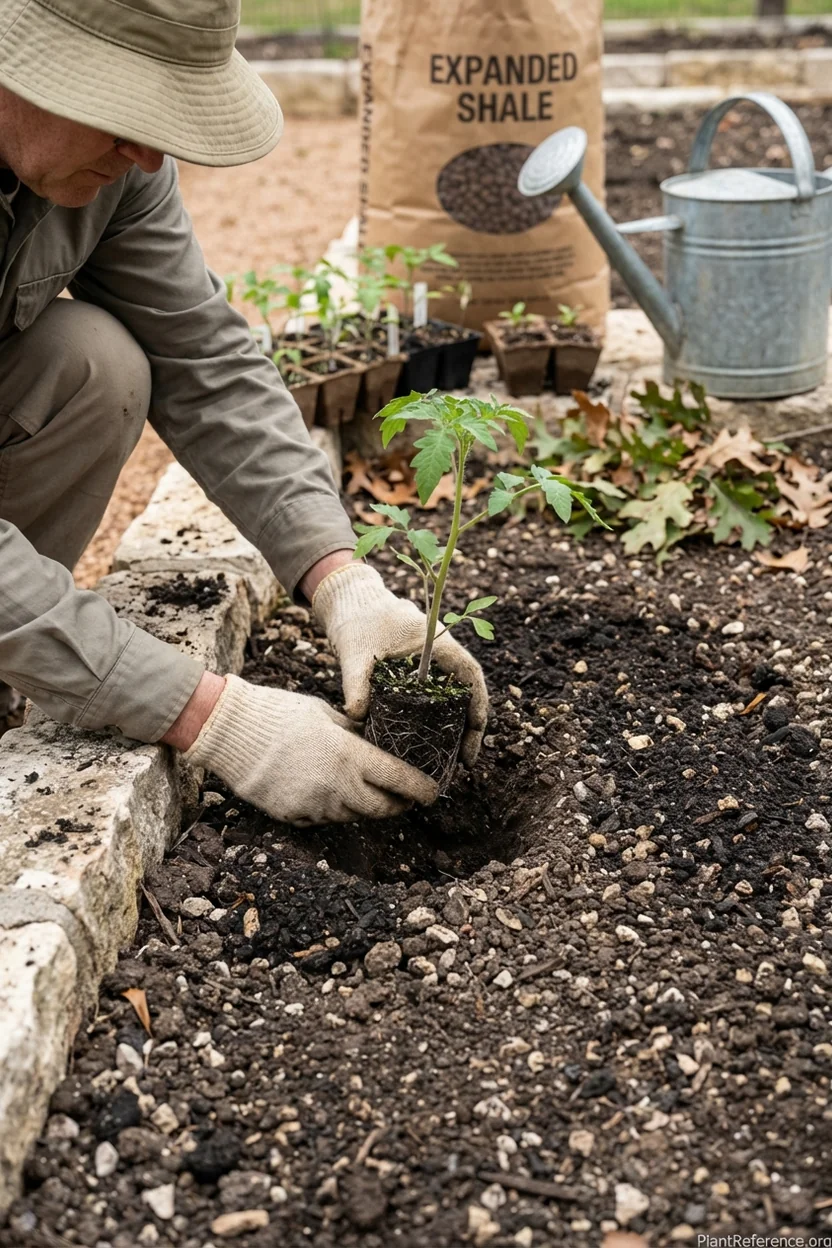 Gardener planting tomato seedlings in Austin Texas limestone clay soil