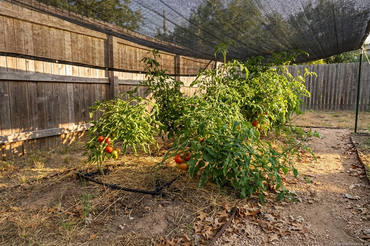 Tomato plants protected with shade cloth during Austin Texas summer heat