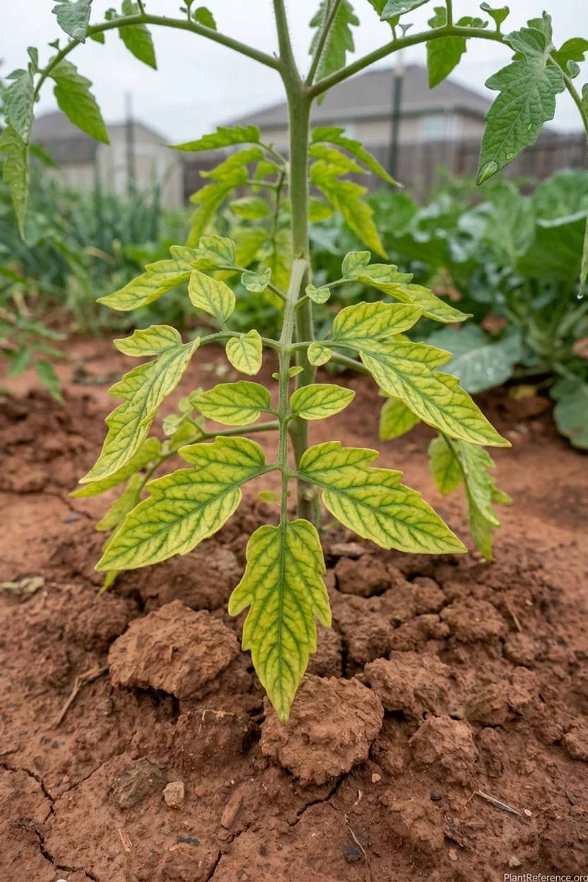 Tomato plant with iron chlorosis from alkaline soil conditions common in Boise Idaho gardens