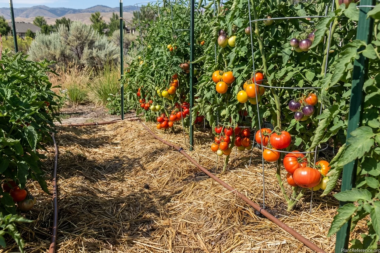 Productive tomato garden in mid-summer Boise showing healthy plants with ripe fruit and irrigation