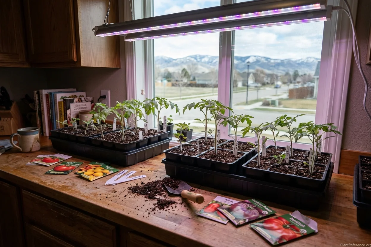 Tomato seedlings started indoors in Boise home with grow lights for Zone 6a planting