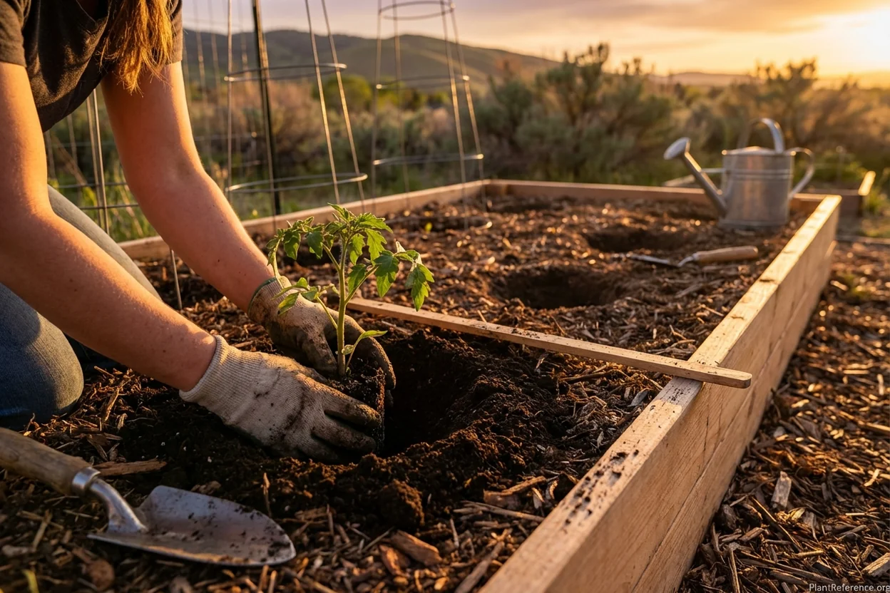 Proper tomato transplanting technique in Boise Idaho garden bed with amended soil