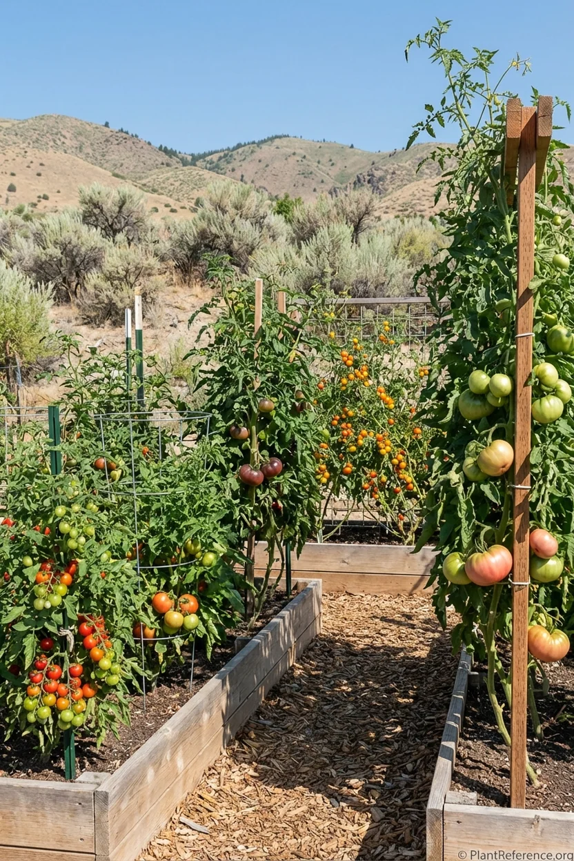Different tomato varieties growing in Boise Idaho garden showing comparative sizes and habits