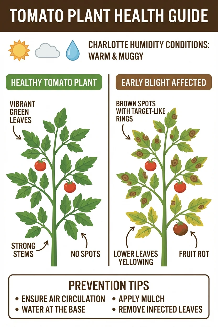 Tomato plant disease comparison showing early blight symptoms in Charlotte garden