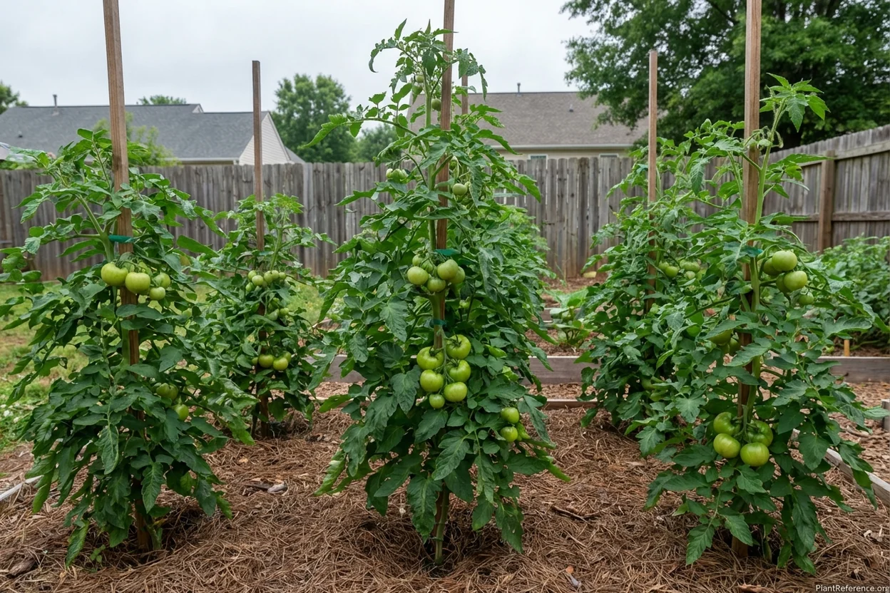 Early Girl tomato plants with developing green fruit in Charlotte North Carolina garden