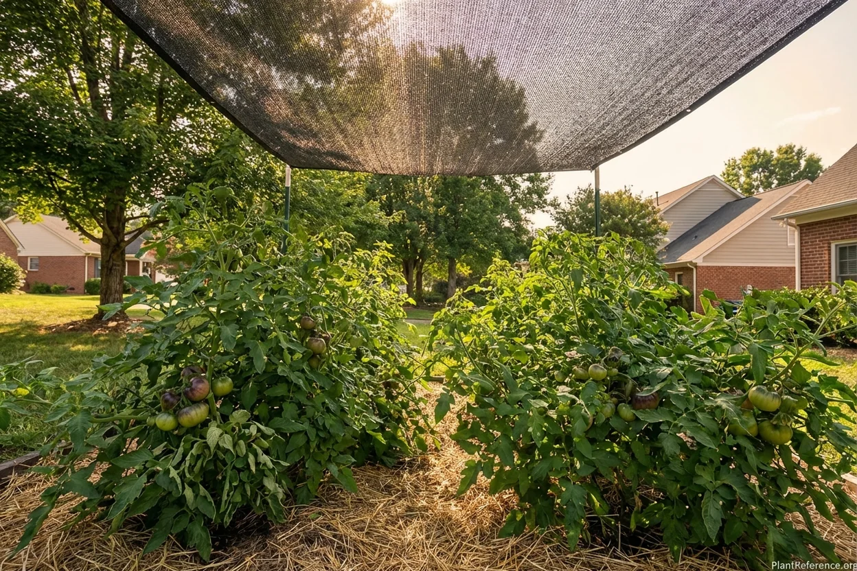 Tomato plants growing under shade cloth during Charlotte NC summer heat