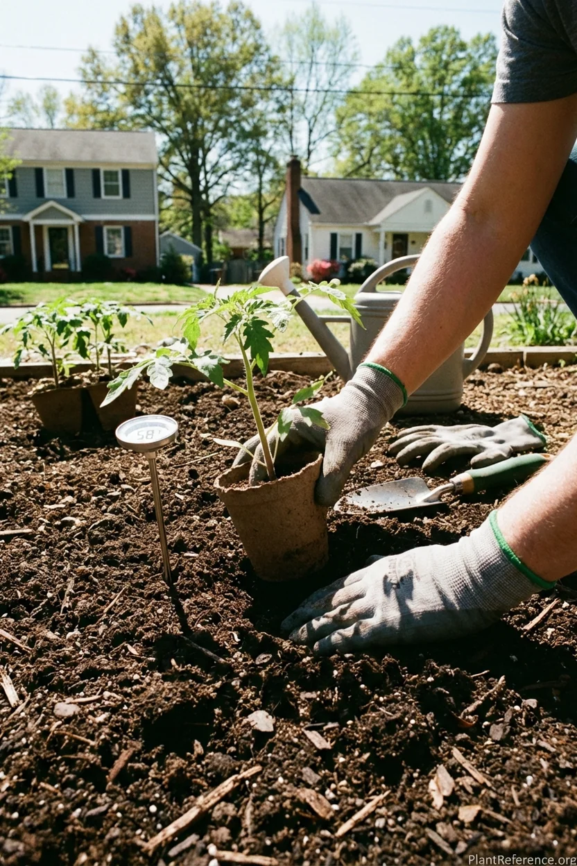 Transplanting tomato seedlings in Charlotte NC garden with soil thermometer