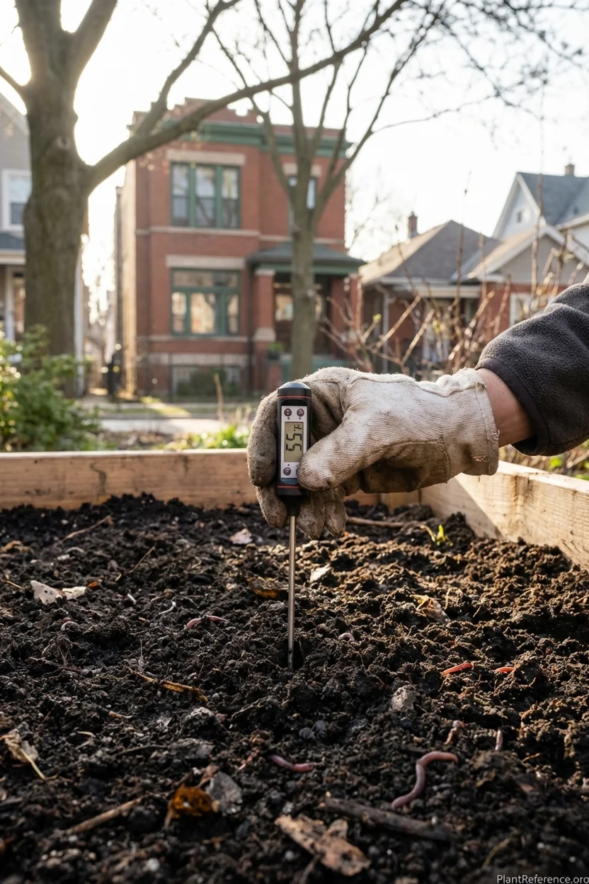 Soil thermometer reading 55°F in Chicago garden bed indicating proper temperature for tomato transplanting