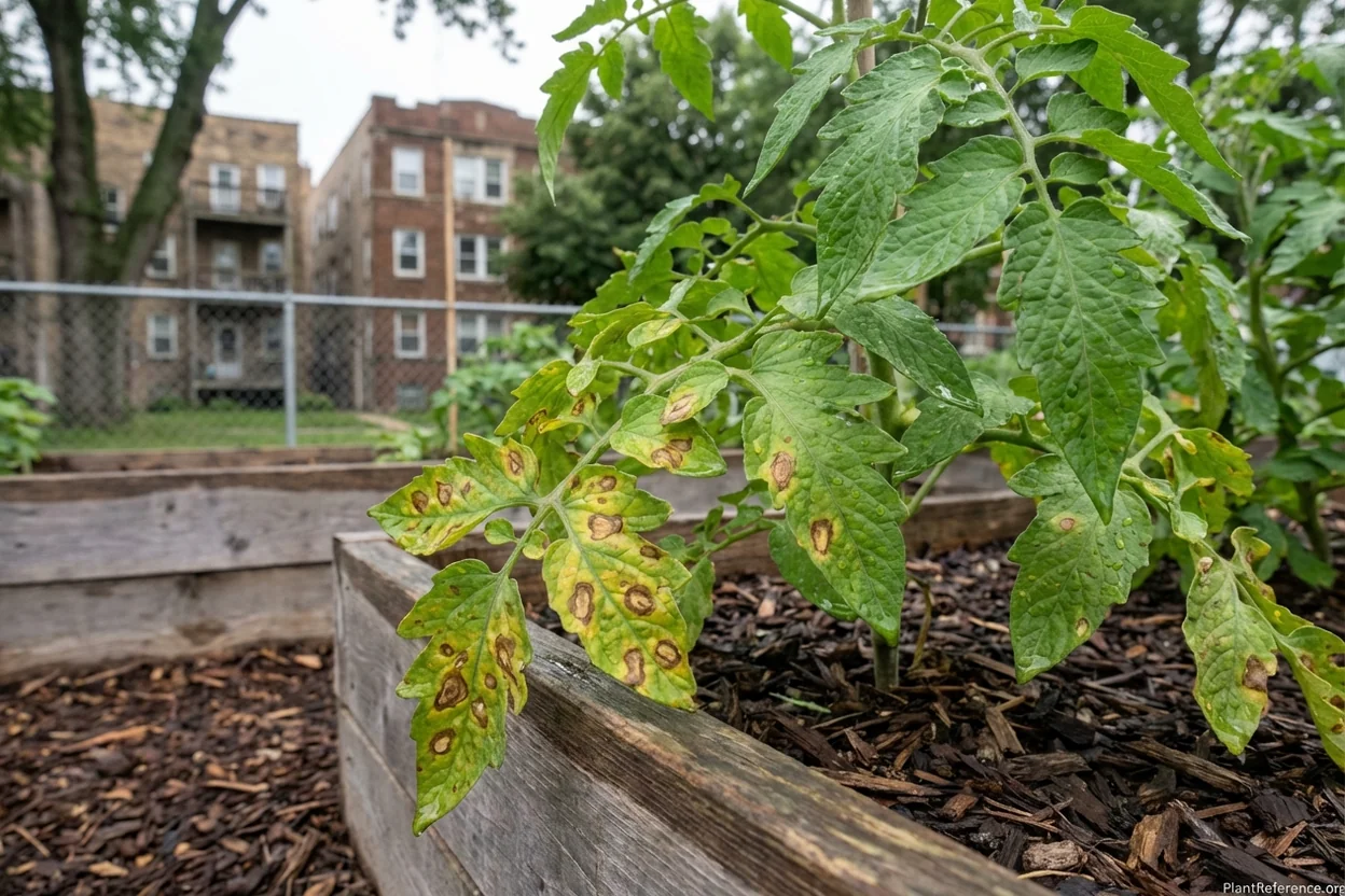 Early blight disease on tomato leaves in humid Chicago garden showing brown spots and yellowing