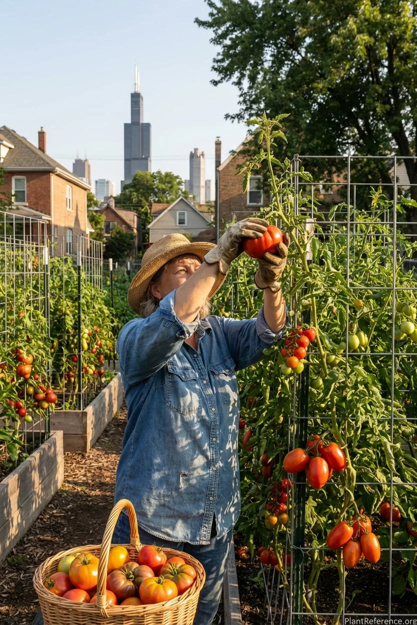 Chicago urban gardener harvesting peak tomato crop in August with varieties including Cherokee Purple and San Marzano
