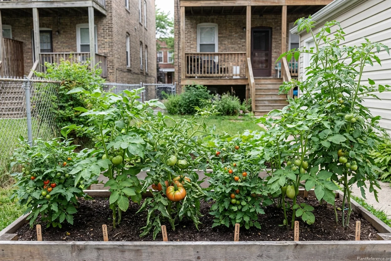 Six tomato varieties comparison growing in Chicago Zone 6a garden showing Early Girl, Stupice, Cherokee Purple growth