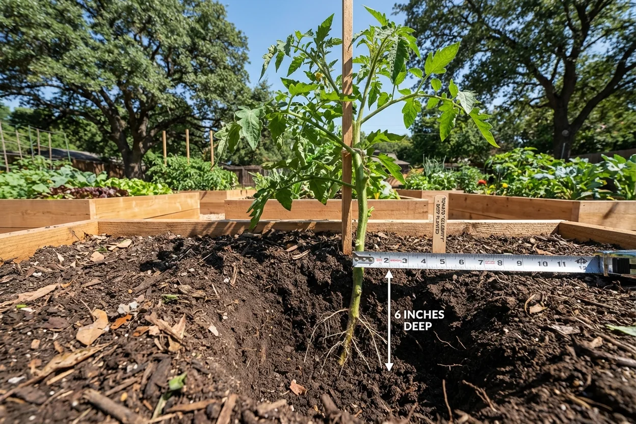 Deep planting method for Dallas tomatoes showing buried stem developing extensive root system