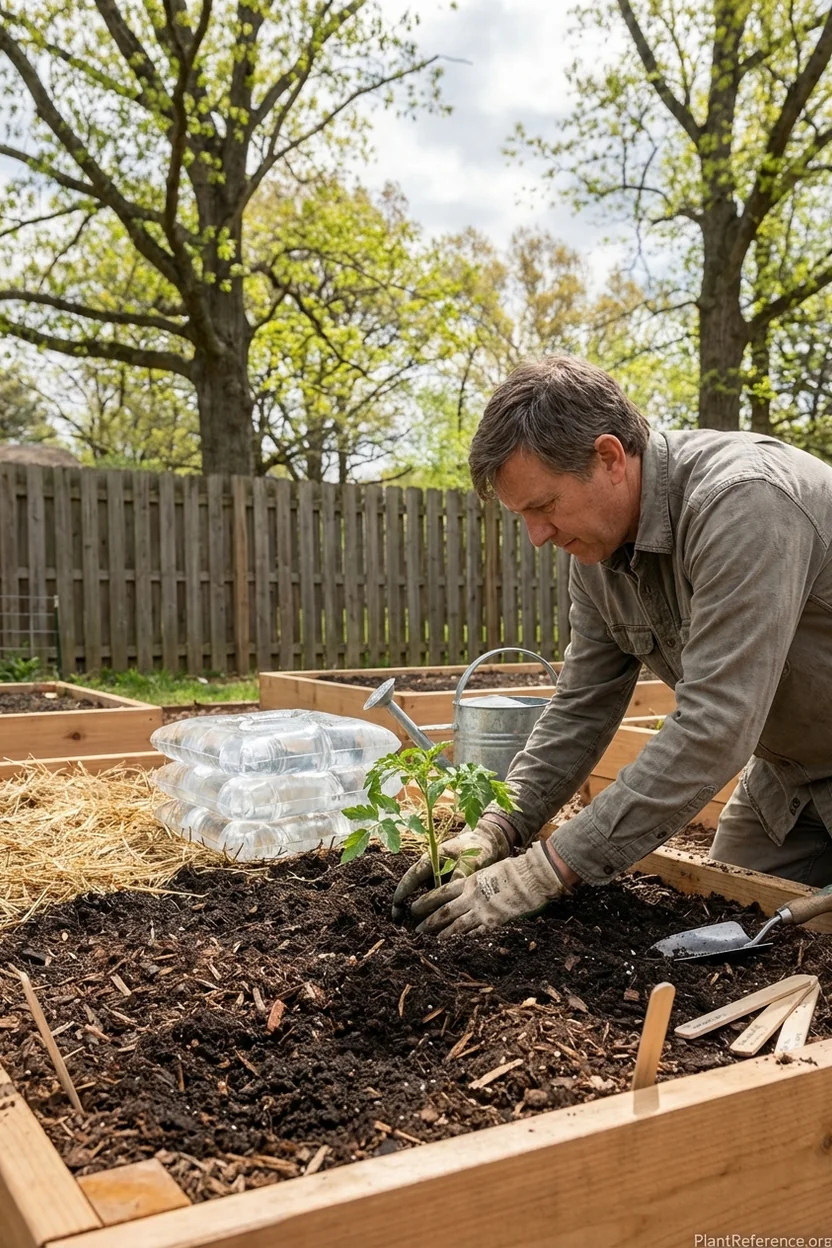 Proper tomato transplanting technique in Dallas showing timing and frost protection setup