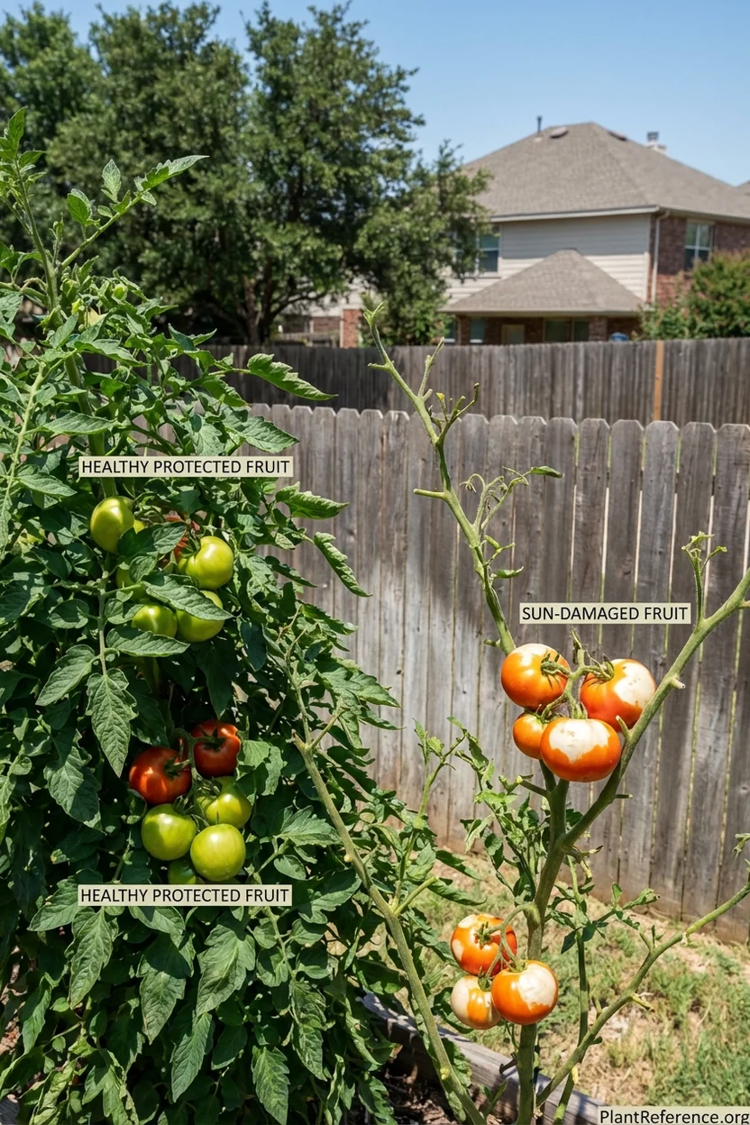 Comparison of properly pruned versus over-pruned tomatoes in Dallas showing sunscald prevention through adequate foliage
