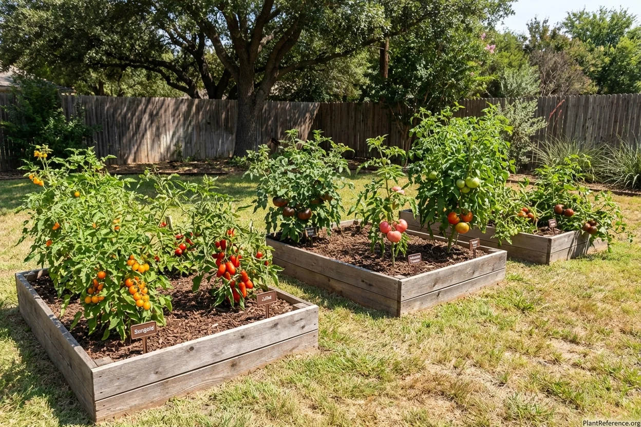 Six recommended tomato varieties for Dallas Zone 8a showing different growth habits and heat tolerance