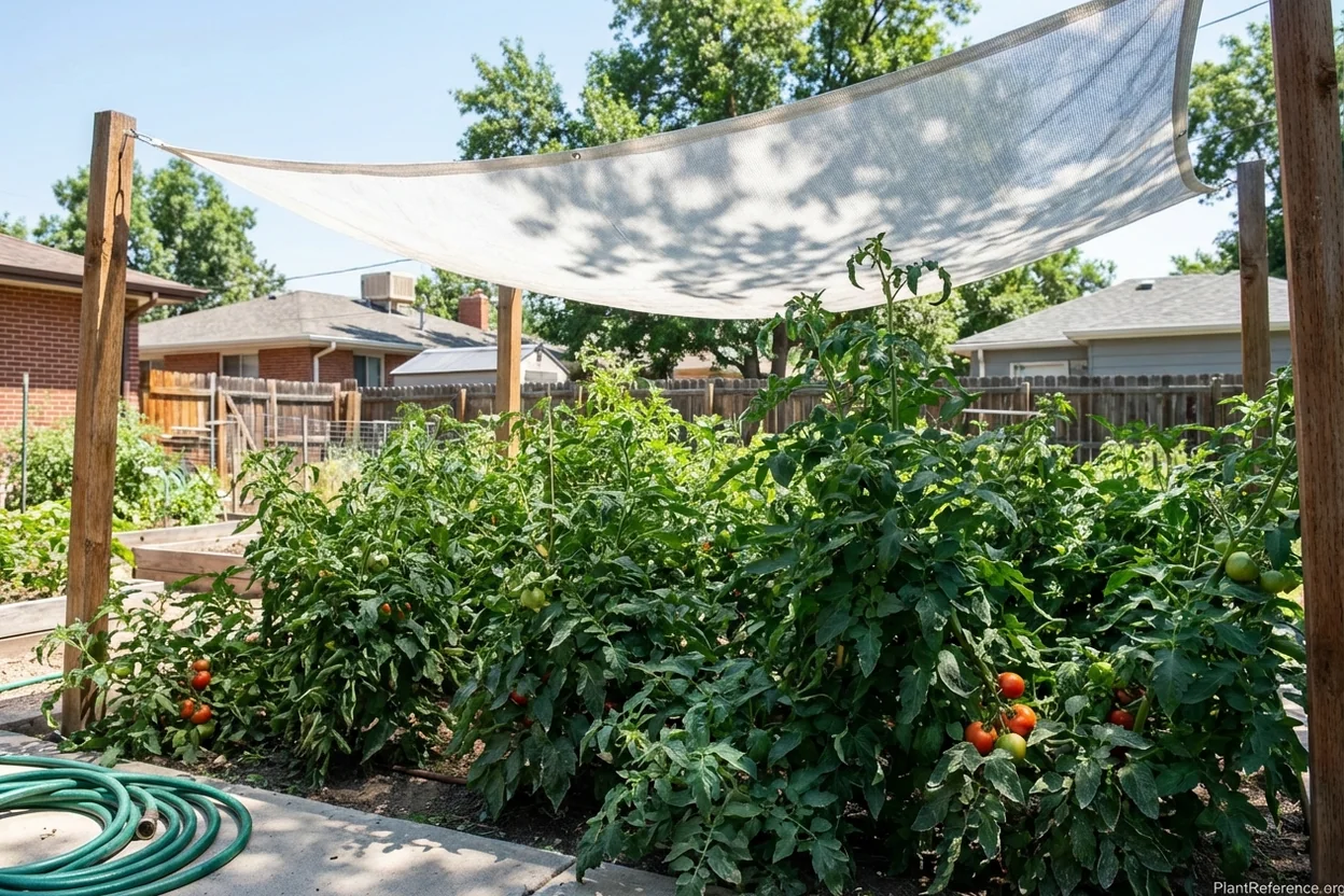 Shade cloth protecting tomato plants from intense Denver UV radiation
