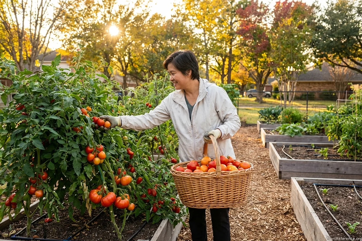 Harvesting fall tomatoes in Houston November showing Zone 9a extended growing season