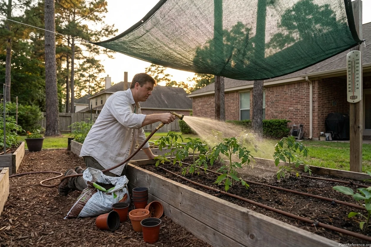 Planting fall tomatoes in Houston August heat with shade cloth protection for Zone 9a success