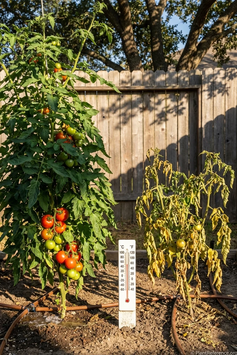 Comparing heat-tolerant Phoenix tomatoes with struggling Brandywine in Houston summer heat