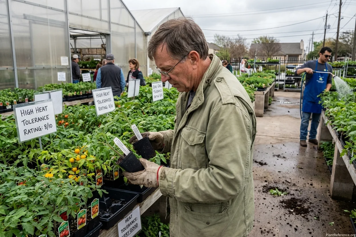 Selecting heat-tolerant tomato varieties at Houston nursery for Zone 9a planting
