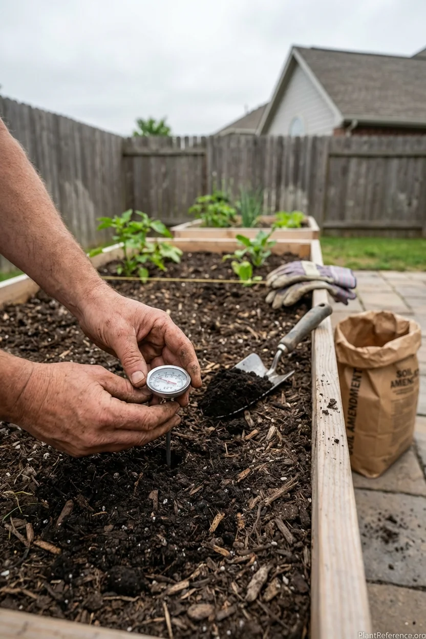 Checking soil temperature for tomato planting in Indianapolis Zone 5b garden