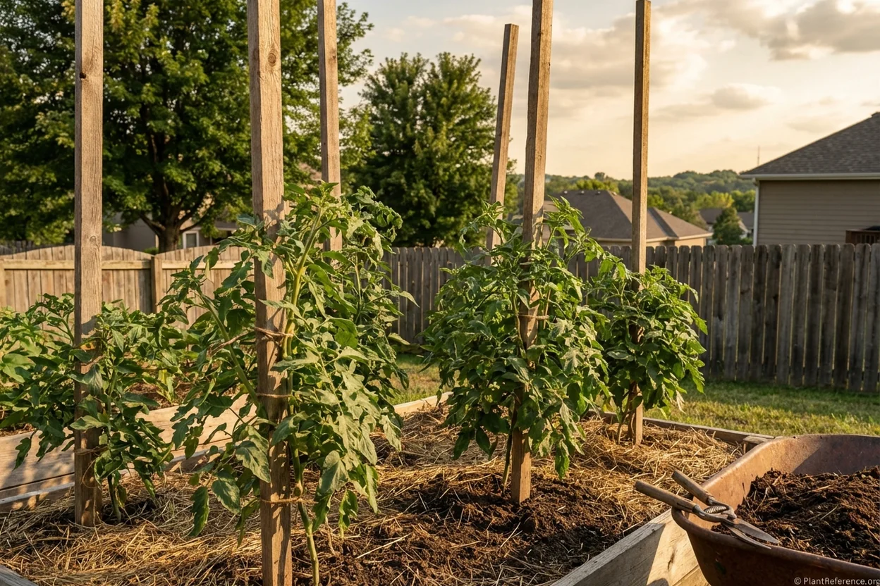 Heavy duty tomato staking system designed for Kansas City thunderstorm winds