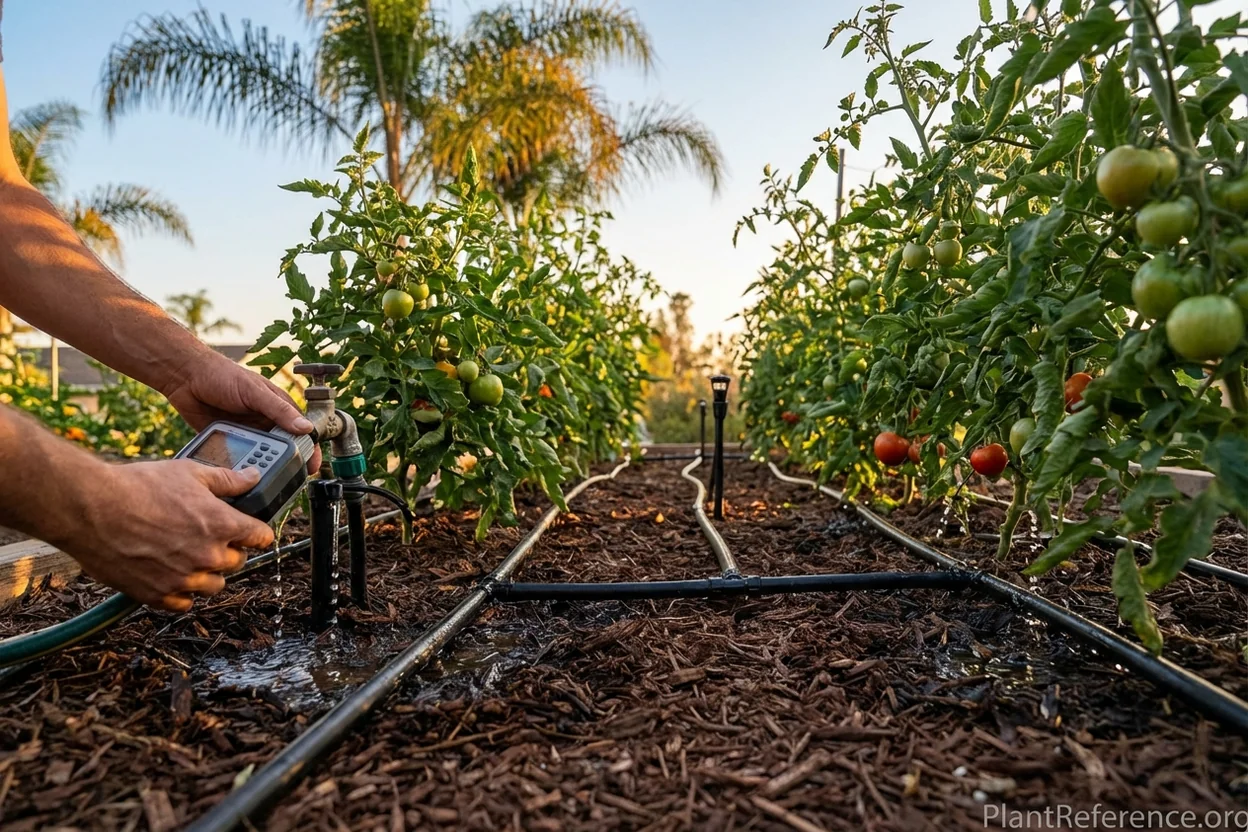 Drip irrigation system providing consistent water to tomatoes in Los Angeles heat