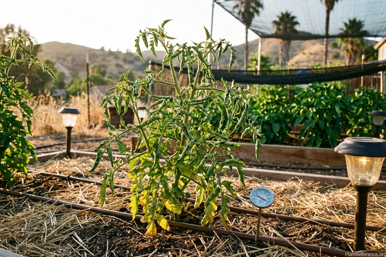 Tomato plant heat stress symptoms in Los Angeles showing leaf curl and wilting