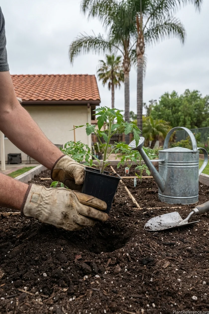 Transplanting tomato seedlings in Los Angeles garden showing proper spring planting timing