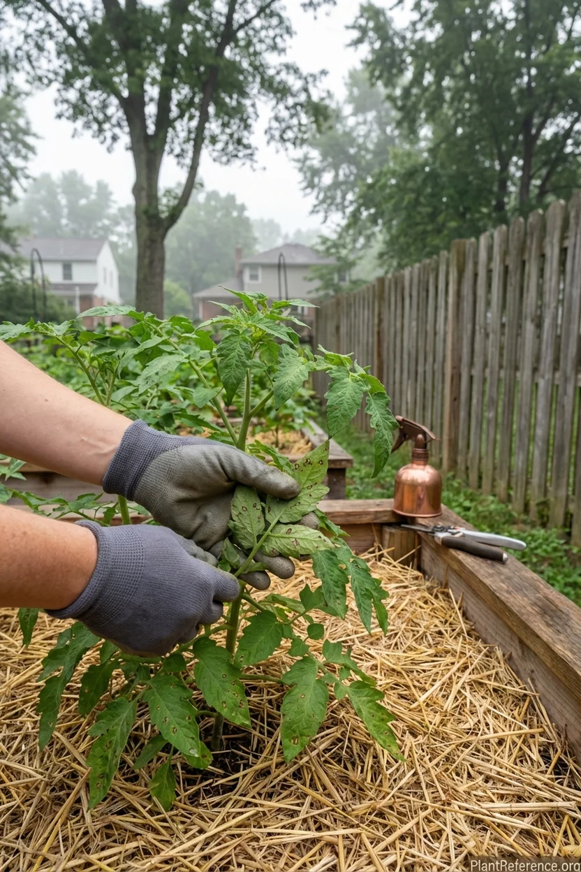 Checking Memphis tomato plants for early blight and fungal diseases in humid Tennessee climate