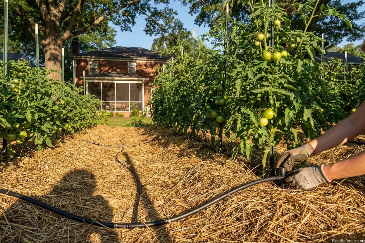 Properly mulched tomato plants with drip irrigation in Memphis Tennessee garden