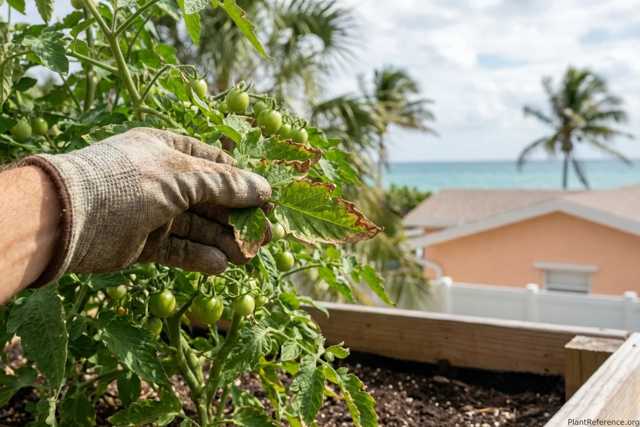 Salt air damage on tomato leaves in coastal Miami garden