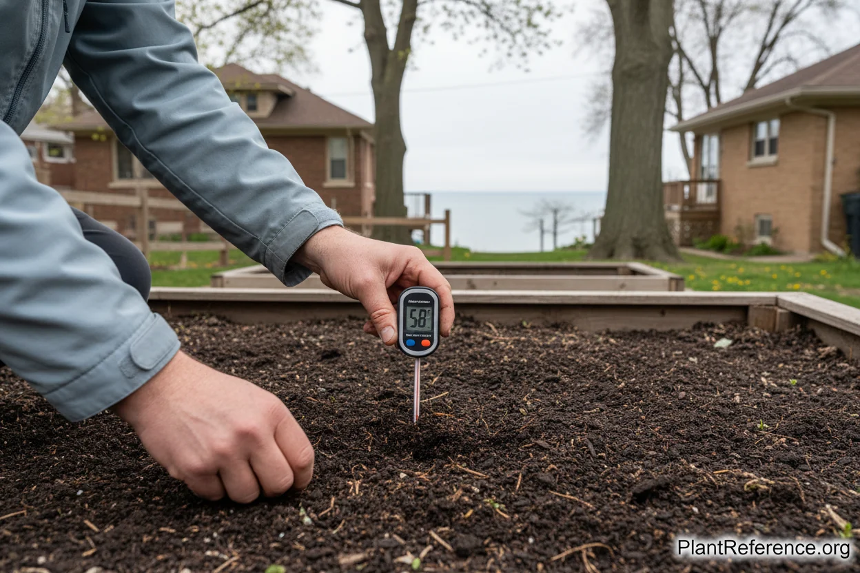 Checking soil temperature in Milwaukee garden bed before tomato planting with thermometer