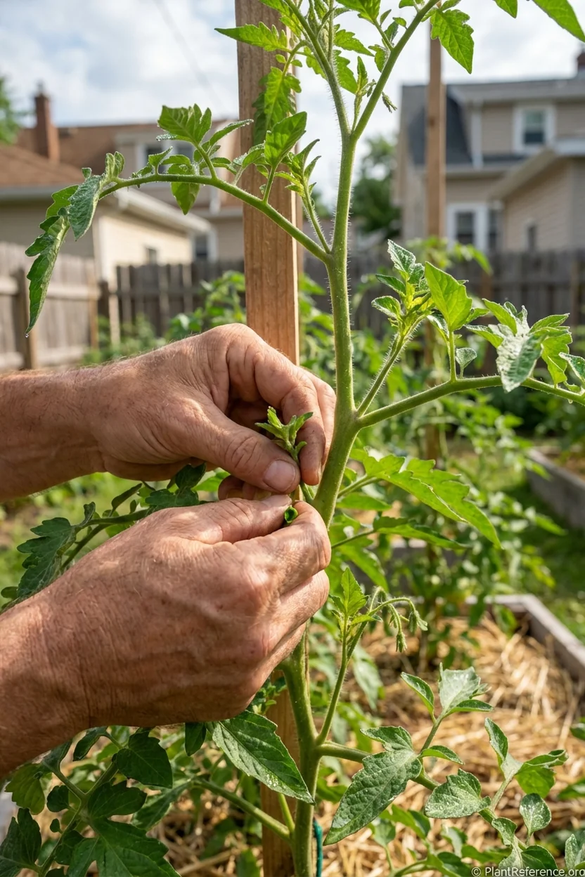 Proper tomato pruning technique in Milwaukee showing sucker removal for disease prevention