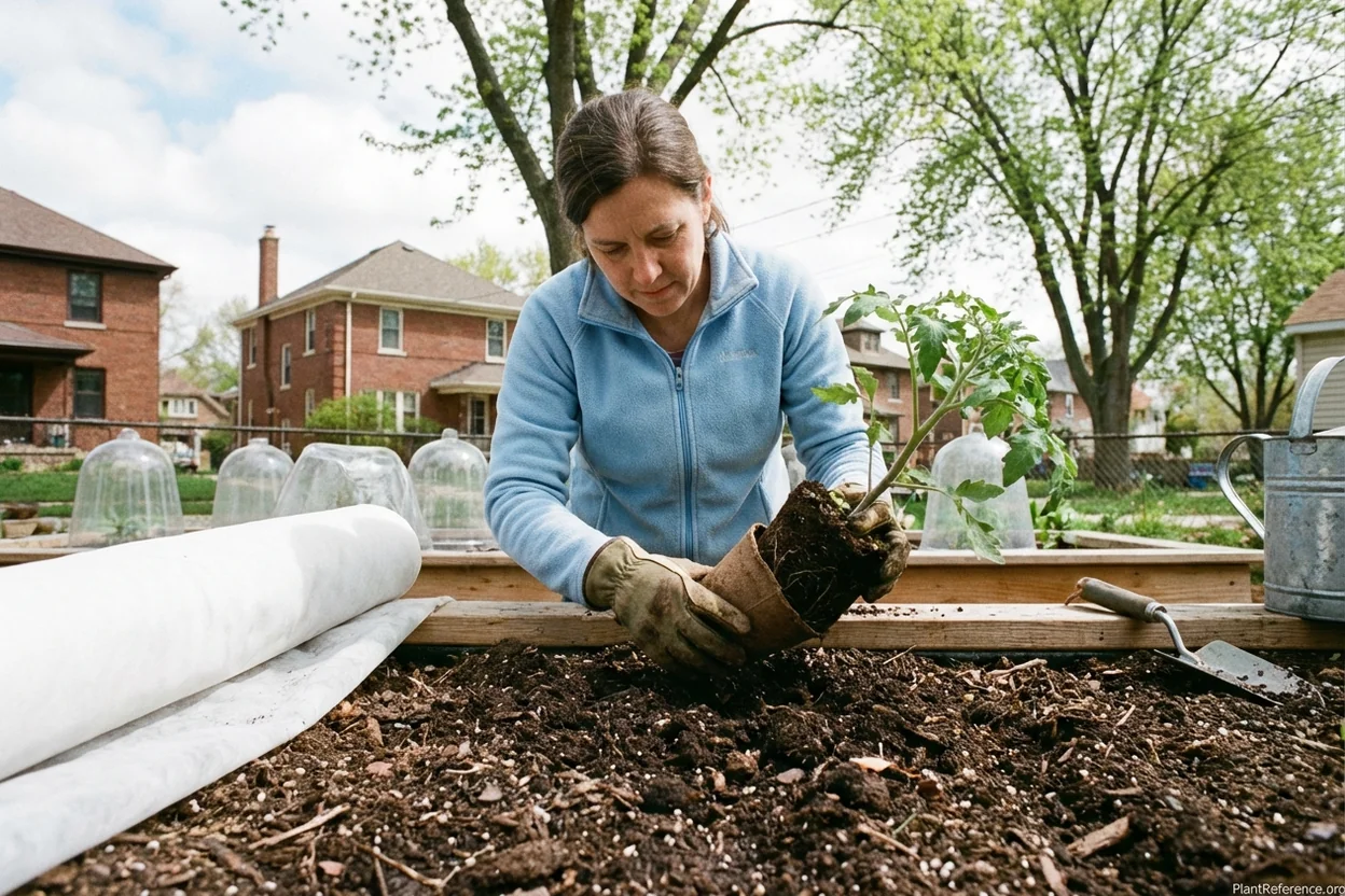 Transplanting tomato seedlings in Milwaukee raised bed with protective cloches