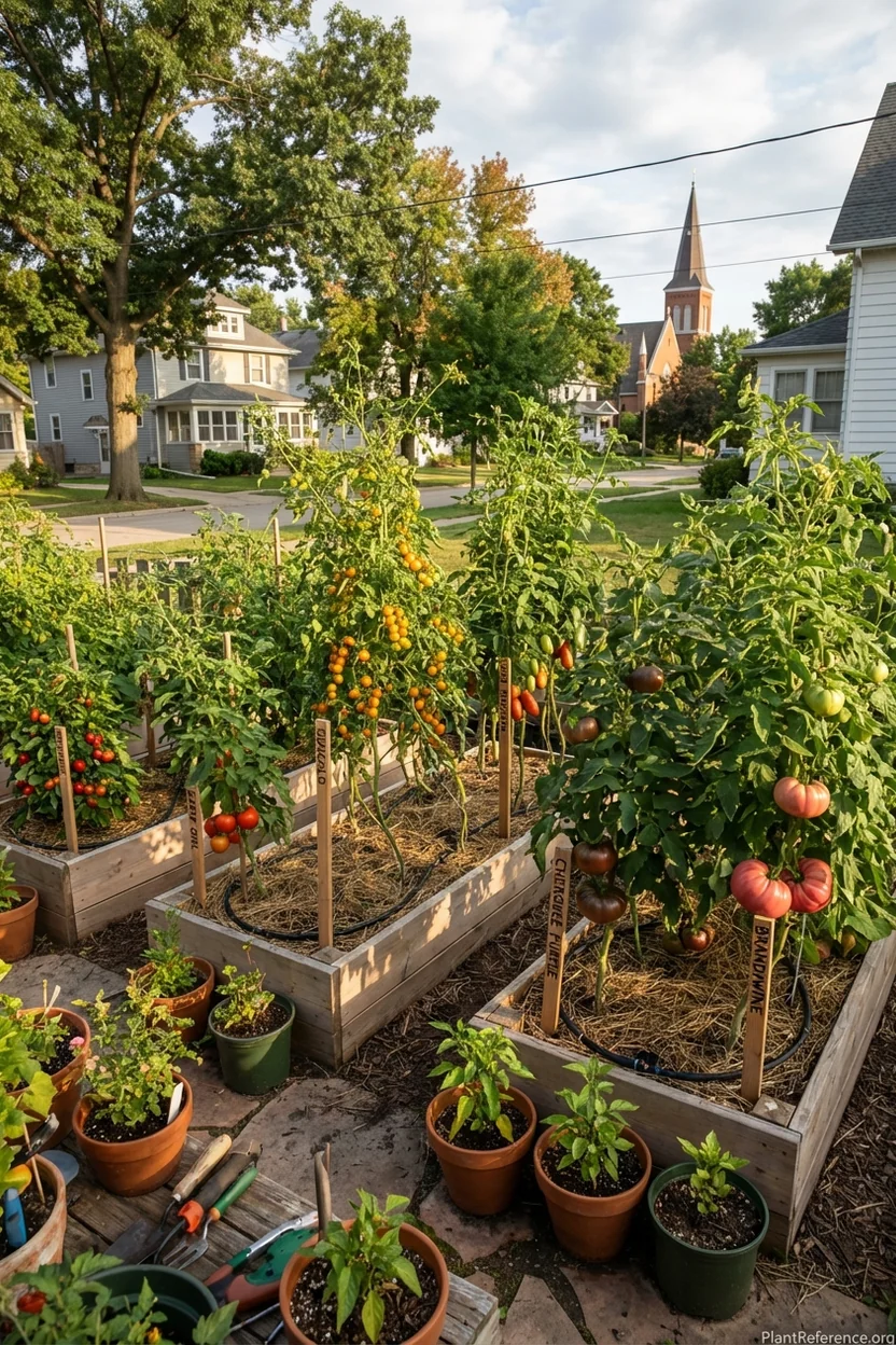 Six tomato varieties comparison in Milwaukee raised beds showing growth differences