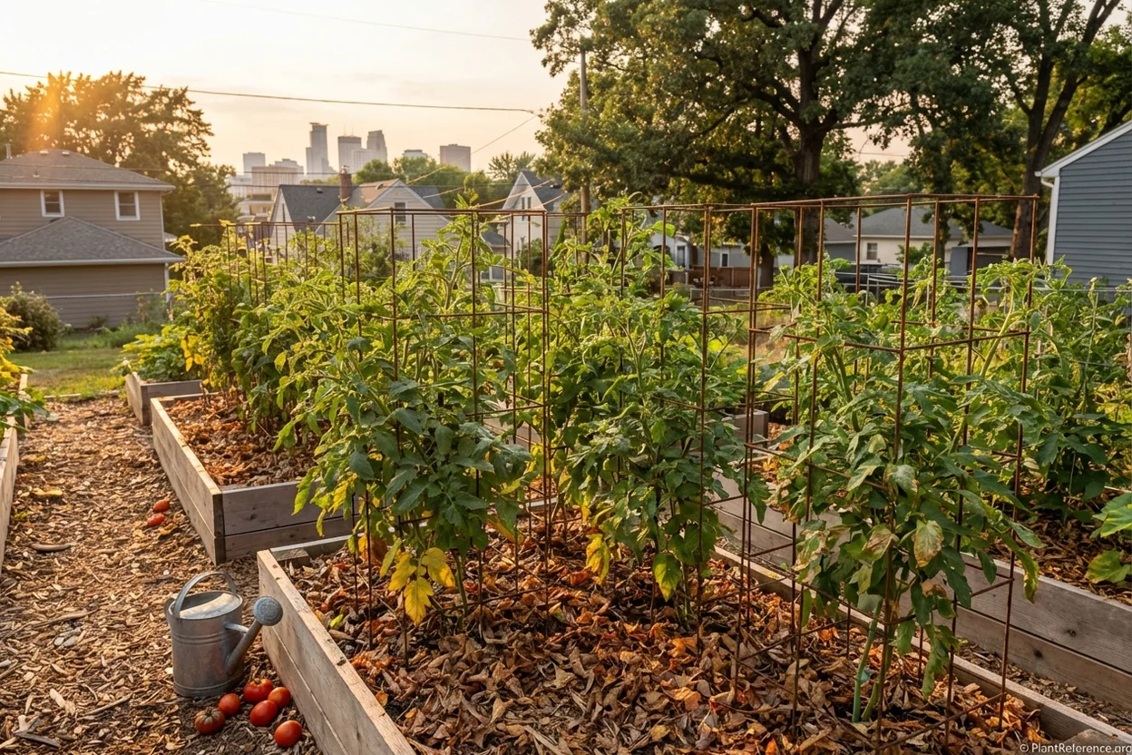 Properly spaced tomato plants with mulch in Minneapolis summer garden