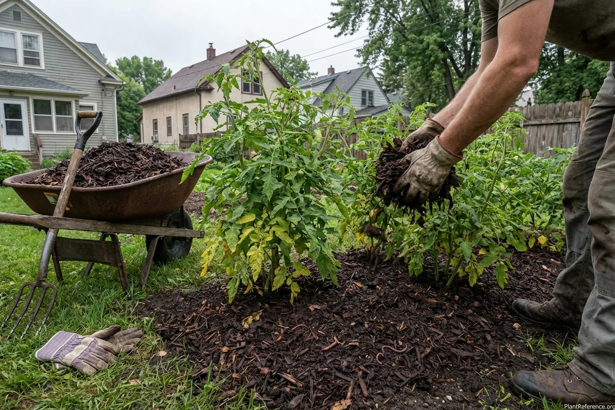 Applying organic mulch for tomato disease prevention in Minneapolis humid climate
