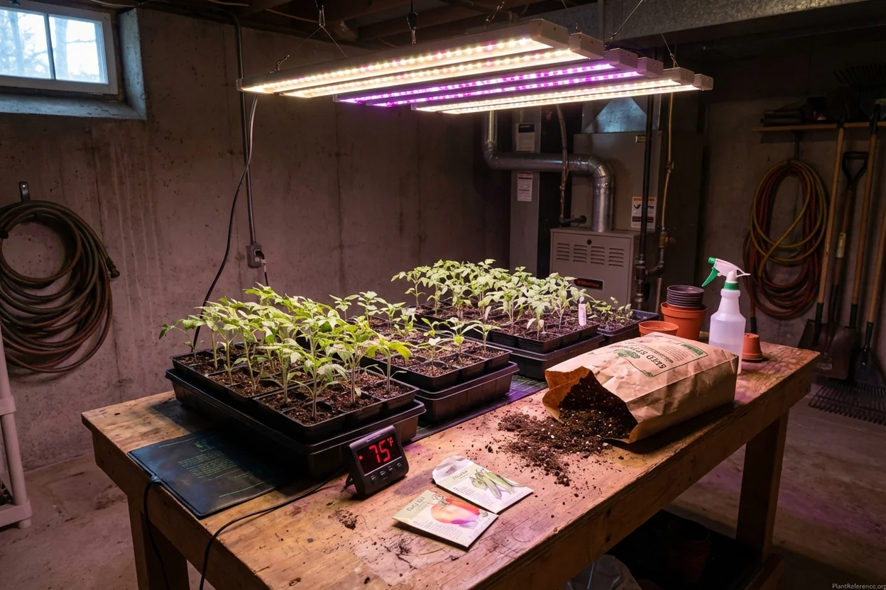 Starting tomato seeds indoors in Minneapolis with grow lights and temperature control