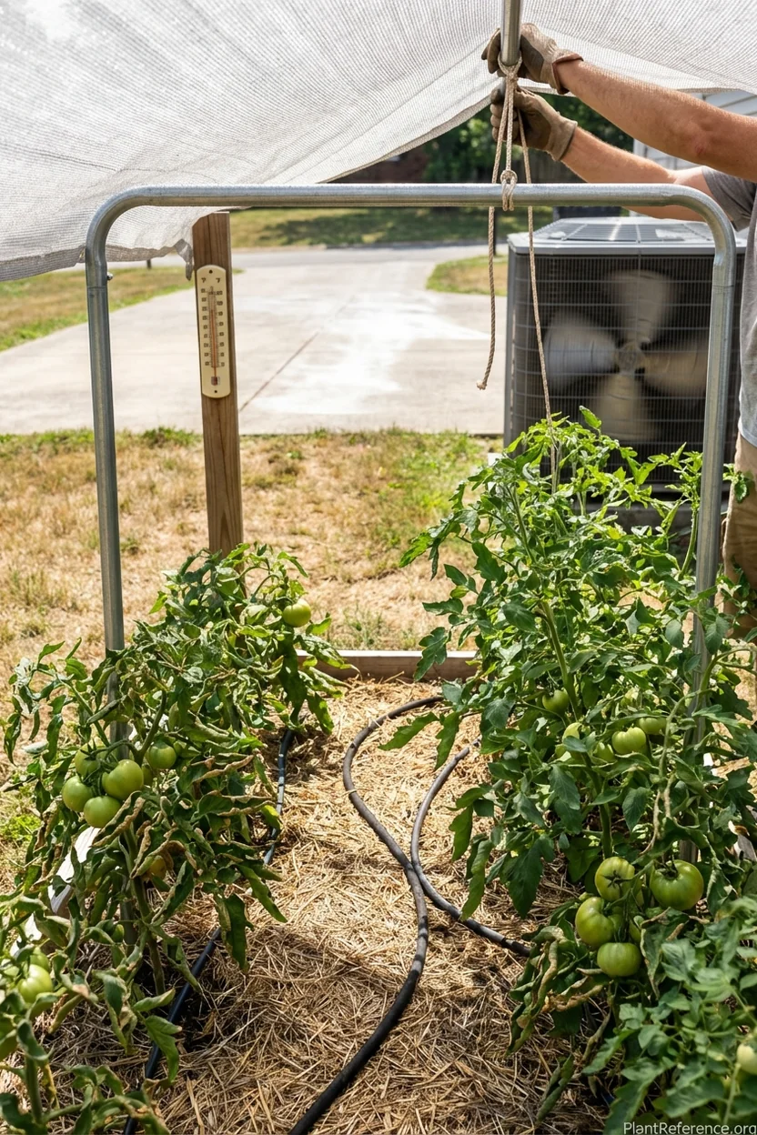 Managing heat stress on tomatoes in Nashville Tennessee summer with shade protection