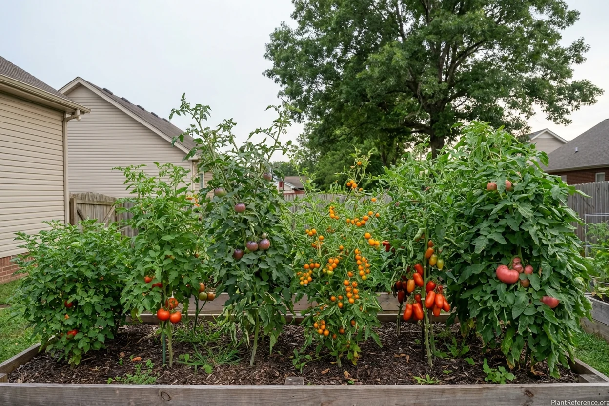 Six tomato varieties growing in Nashville Tennessee garden showing growth differences