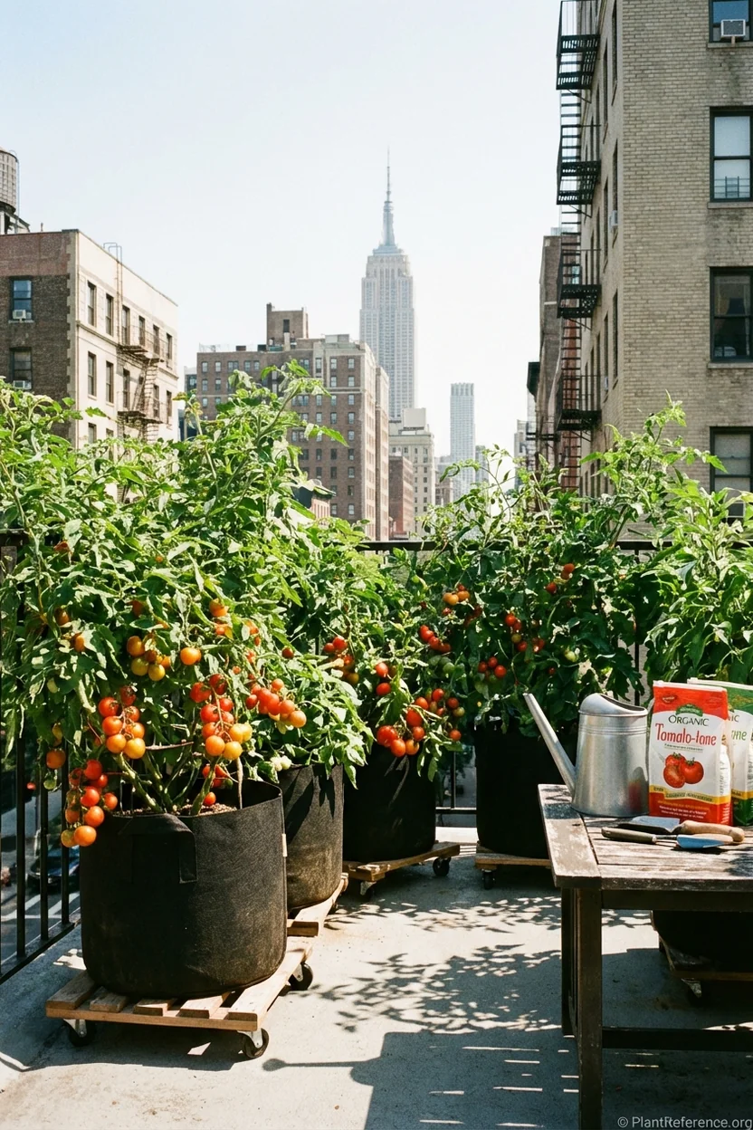 Container tomato growing on New York apartment balcony - urban gardening solution