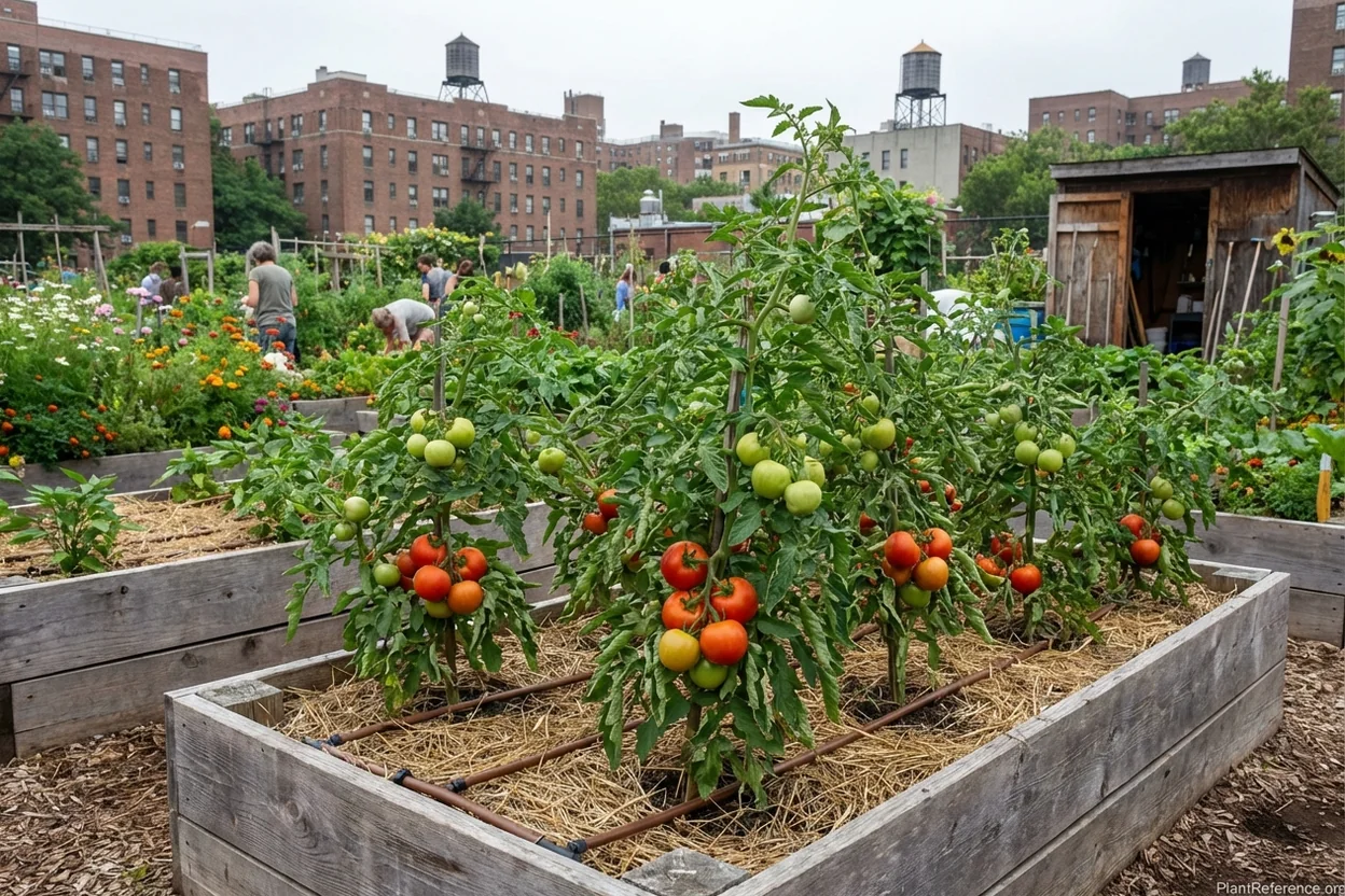 Early Girl tomatoes thriving in New York Zone 7a community garden
