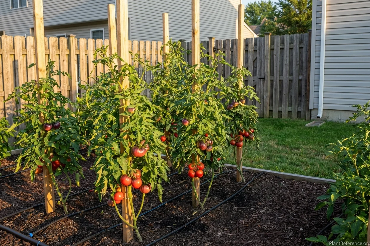 Properly supported tomato plants in New York garden with good airflow for disease prevention