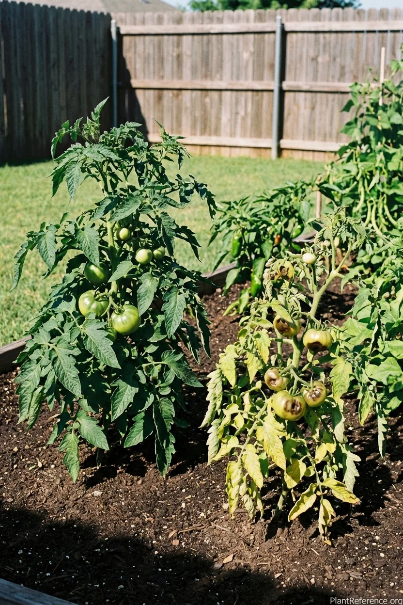 Side-by-side comparison of healthy vs stressed tomato plants showing Oklahoma City growing problems