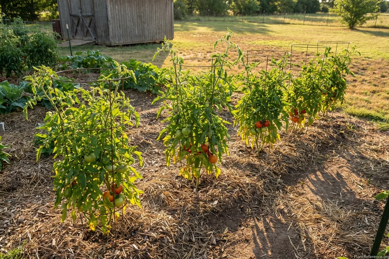 Properly spaced and supported tomato plants with mulch in Oklahoma City Zone 7a summer garden