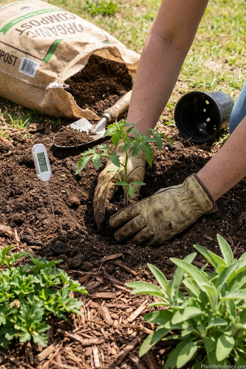 Proper tomato transplanting technique in Oklahoma City with soil thermometer reading 60 degrees