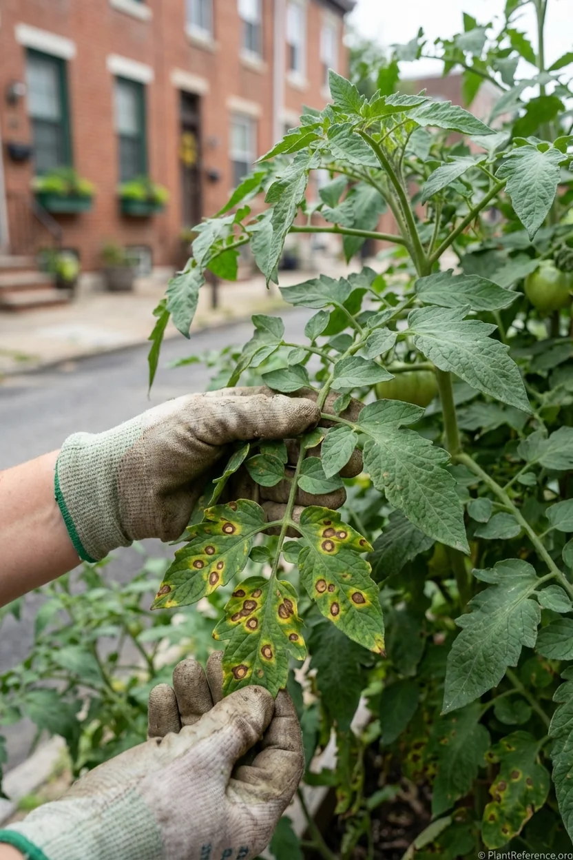 Early blight symptoms on tomato leaves in Philadelphia humid climate conditions