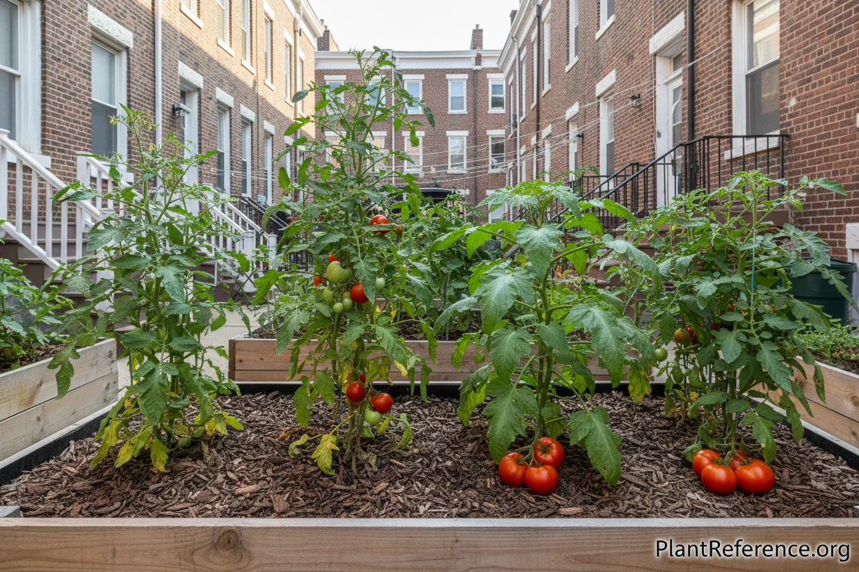 Six tomato varieties growing in Philadelphia Zone 7a garden showing growth differences